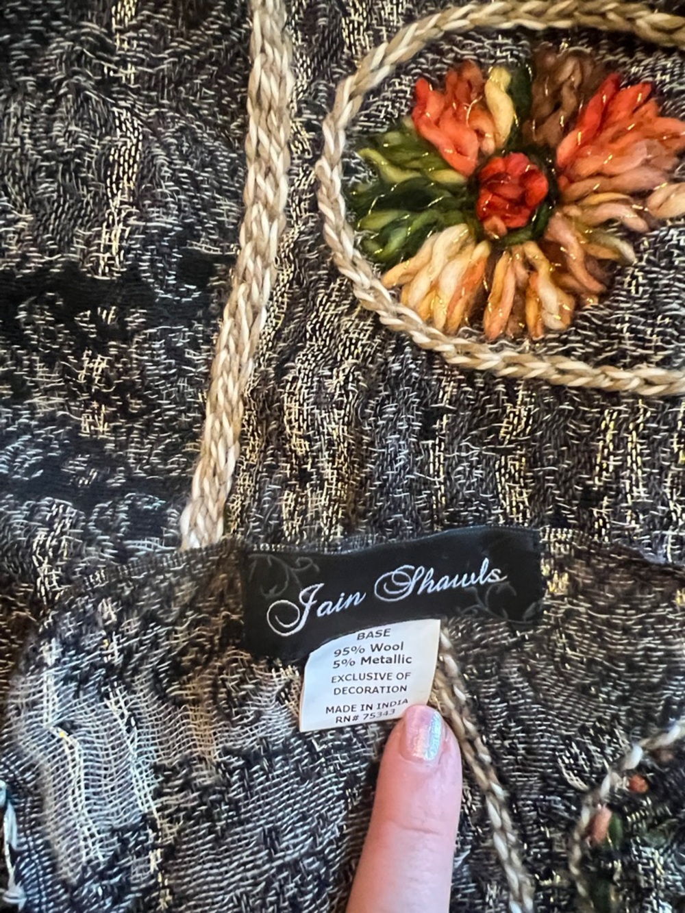 Joan Rivers Black Shawl with Gold and Green Embroidery